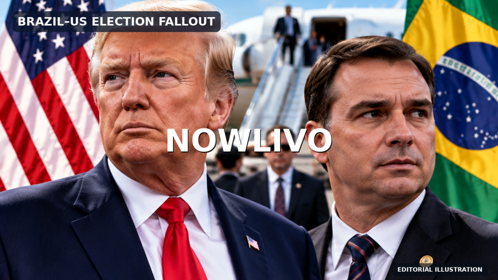 Original editorial composite of Donald Trump and a likeness of Flávio Bolsonaro against US and Brazilian flags near an airport; they are not depicted at a verified joint event.