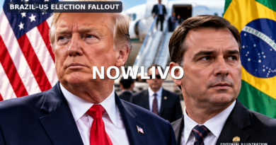 Original editorial composite of Donald Trump and a likeness of Flávio Bolsonaro against US and Brazilian flags near an airport; they are not depicted at a verified joint event.