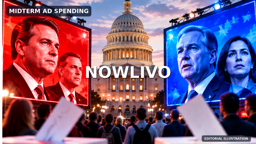 Conceptual editorial illustration of US election crowds and red-blue campaign screens around the Capitol; not photographs of particular advertisements or voters.