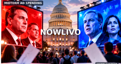 Conceptual editorial illustration of US election crowds and red-blue campaign screens around the Capitol; not photographs of particular advertisements or voters.