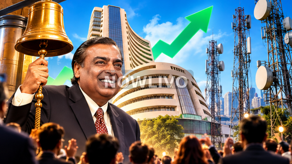 Editorial illustration of Mukesh Ambani, a stock-exchange bell and telecom towers symbolising Jio Platforms’ market debut; composite, not an event photograph.