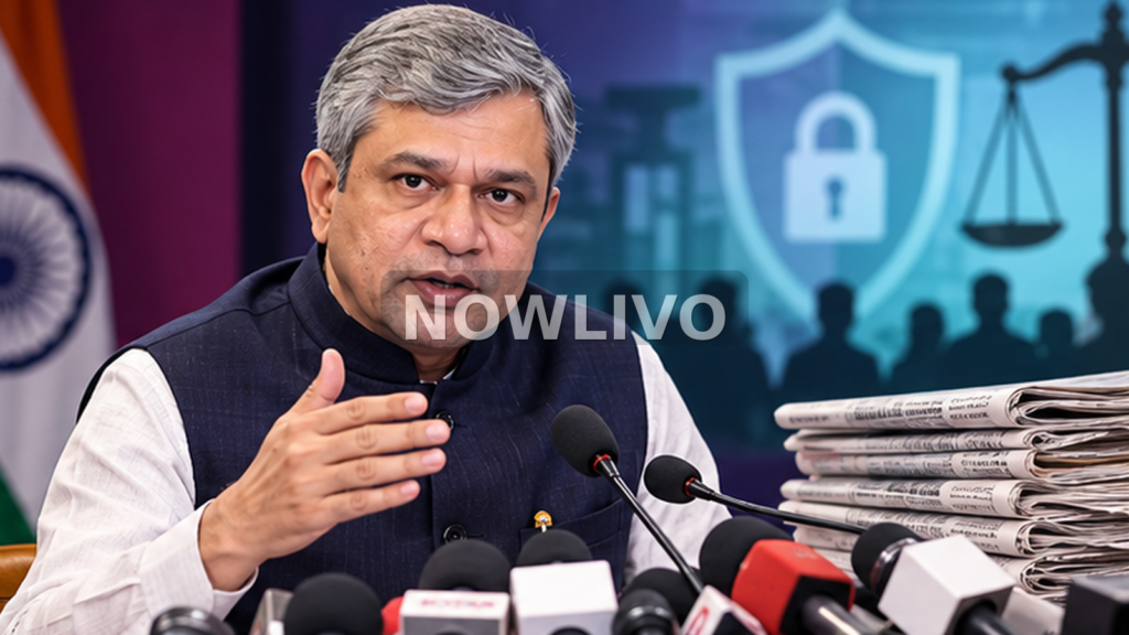 Illustrative composite of Indian IT minister Ashwini Vaishnaw speaking to media, with privacy and justice symbols; not documentary evidence.