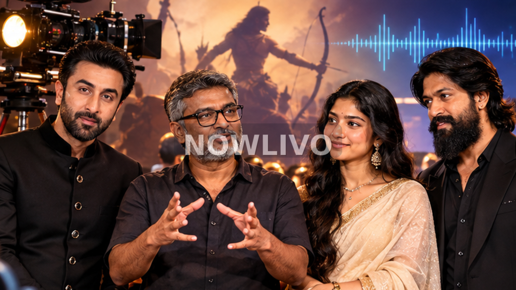Editorial composite of Ramayana director Nitesh Tiwari with Ranbir Kapoor, Sai Pallavi and Yash at a film-premiere setting; illustrative, not an actual photograph.