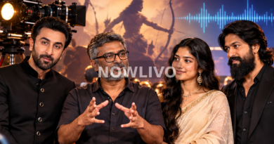 Editorial composite of Ramayana director Nitesh Tiwari with Ranbir Kapoor, Sai Pallavi and Yash at a film-premiere setting; illustrative, not an actual photograph.