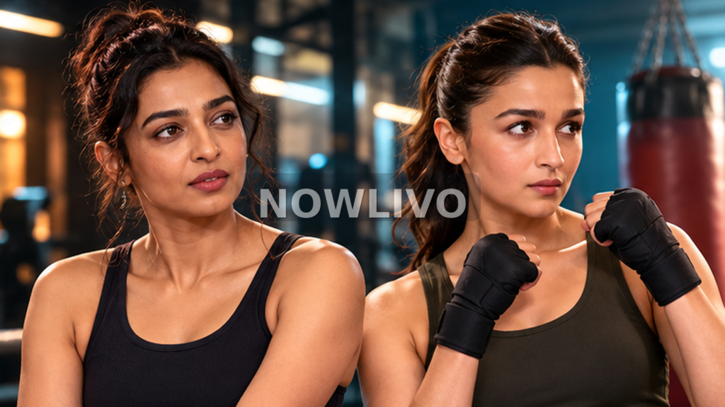 Editorial illustration of Radhika Apte and Alia Bhatt in a training-gym setting, symbolising the debate about women in action cinema; not a documentary photograph.