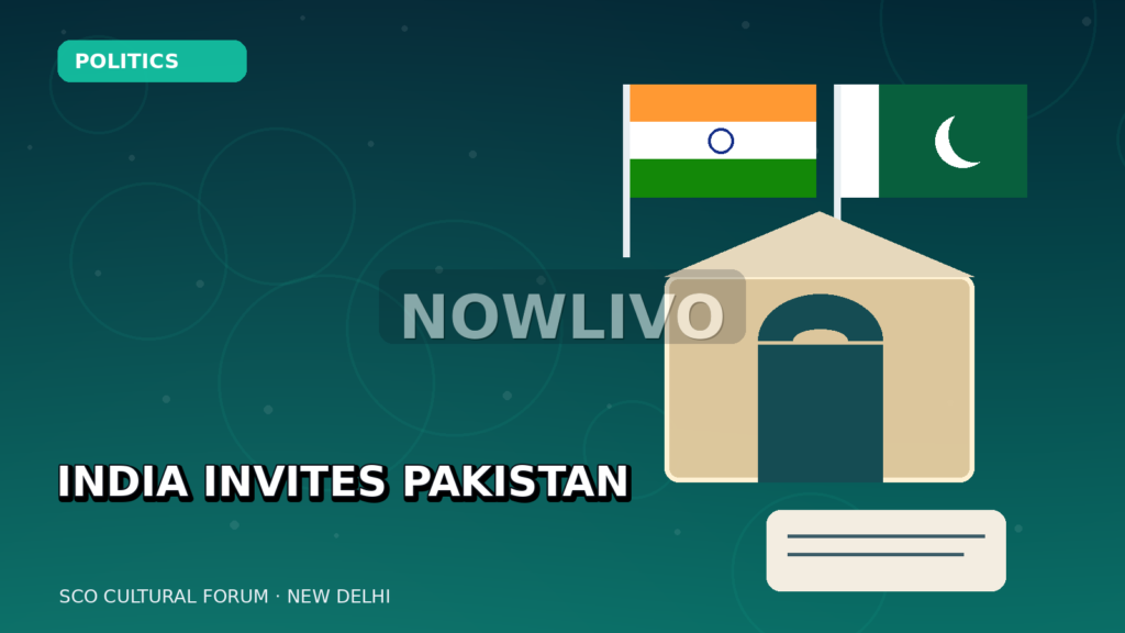 Original editorial graphic of Indian and Pakistani flags beside a New Delhi diplomatic venue, representing the SCO forum invitation; illustrative, not a meeting photograph.