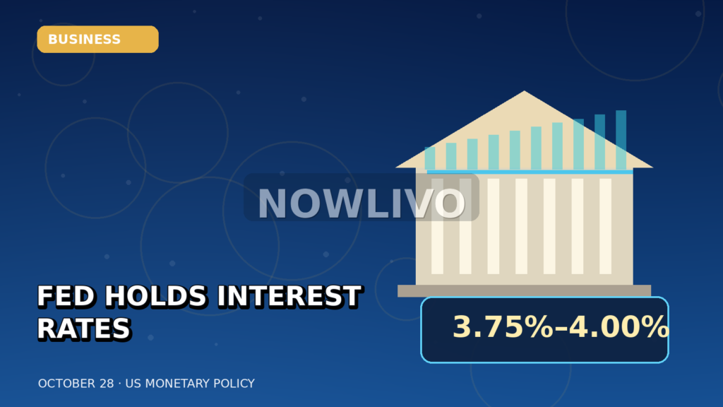 Original editorial graphic of the Federal Reserve building, interest-rate figures and market charts; illustrative, not a photograph of the policy meeting.