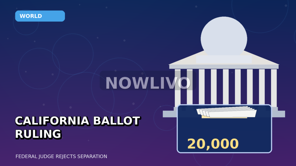 Original editorial illustration of a California courthouse, ballot box and stacks of mail ballots; not an image of disputed voters or evidence.