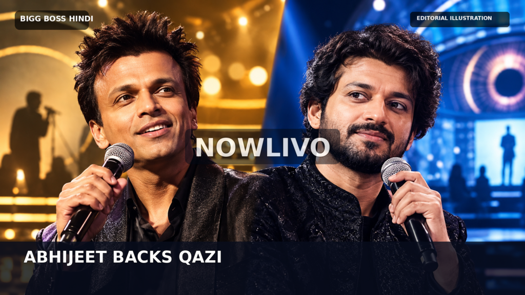 Original conceptual editorial illustration of two male singers holding microphones against contrasting warm-gold and blue stage lighting; not a photograph of Abhijeet Sawant or Qazi Touqeer together.