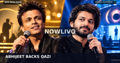 Original conceptual editorial illustration of two male singers holding microphones against contrasting warm-gold and blue stage lighting; not a photograph of Abhijeet Sawant or Qazi Touqeer together.