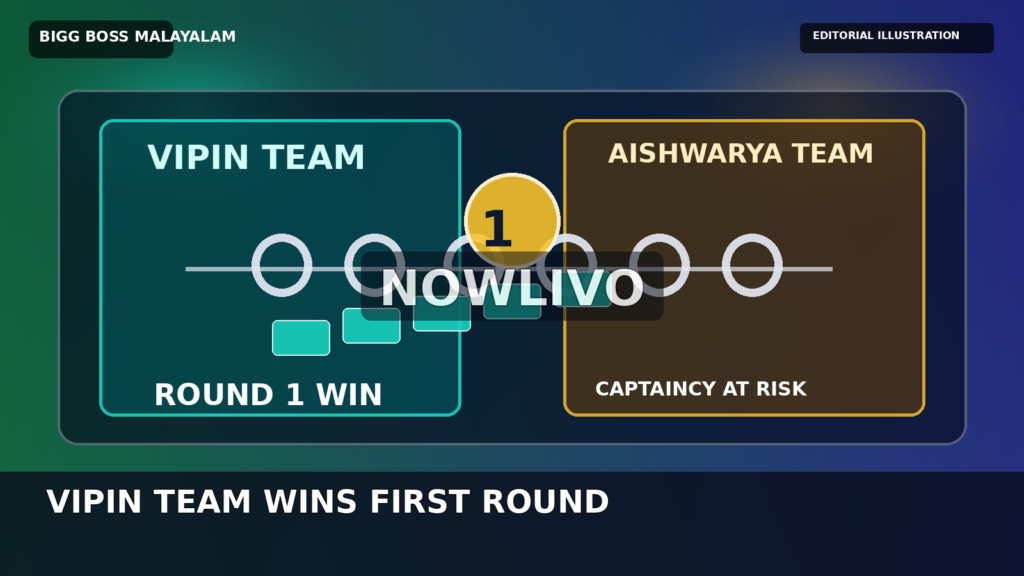 Original graphic editorial illustration of two competing reality-show teams represented by teal and gold podiums, a zigzag metal-ring track, five stacking blocks and a captaincy trophy; not actual Bigg Boss Malayalam footage.