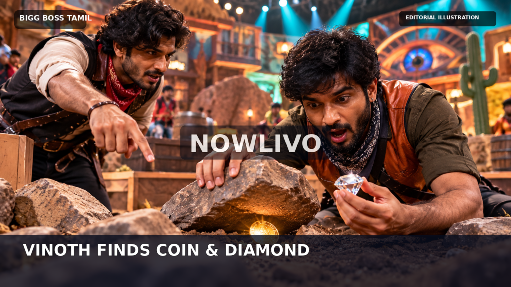 Original conceptual editorial illustration of two male game-show participants discovering a gold coin and a diamond beneath rocks on a Wild West mining-themed set; not actual episode footage.