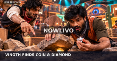 Original conceptual editorial illustration of two male game-show participants discovering a gold coin and a diamond beneath rocks on a Wild West mining-themed set; not actual episode footage.