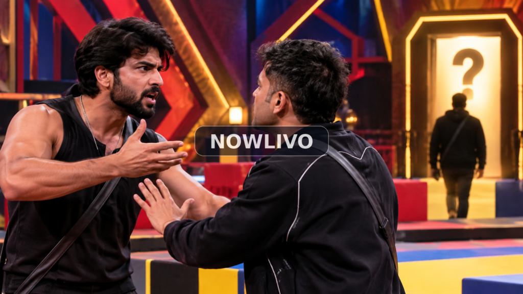 Conceptual digital illustration of two male reality-show contestants arguing in a fictional red-and-blue task arena, with a question-mark exit doorway; not actual Bigg Boss footage.