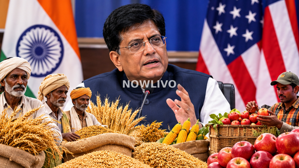 Illustrative editorial composite of trade minister Piyush Goyal speaking between Indian farmers, grain and fruit, with Indian and US flags; not a photograph of a meeting.