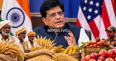 Illustrative editorial composite of trade minister Piyush Goyal speaking between Indian farmers, grain and fruit, with Indian and US flags; not a photograph of a meeting.