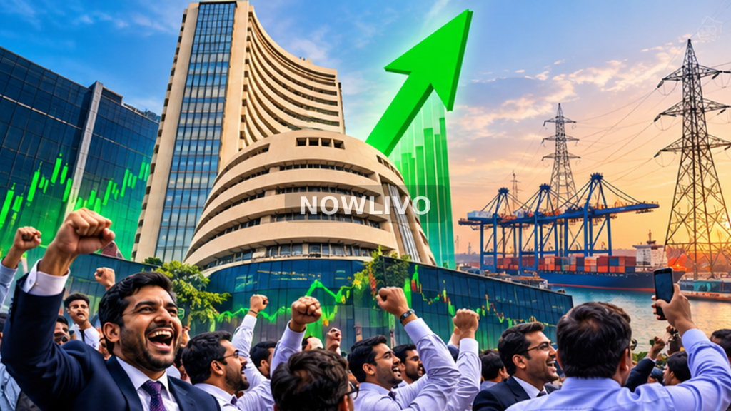 Conceptual illustration of cheering Indian investors outside the Bombay Stock Exchange with rising green market graphics and power infrastructure; not a market screenshot.