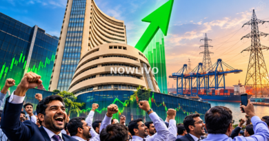 Conceptual illustration of cheering Indian investors outside the Bombay Stock Exchange with rising green market graphics and power infrastructure; not a market screenshot.