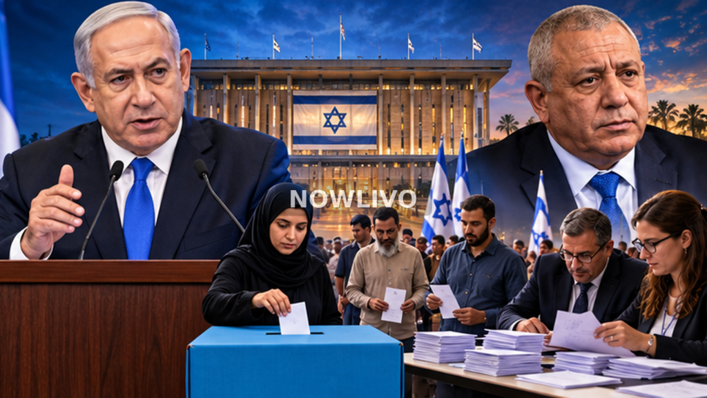 Editorial illustration of Benjamin Netanyahu and rival Gadi Eisenkot near the Knesset, with voters and ballot boxes; illustrative composite, not an election photograph.