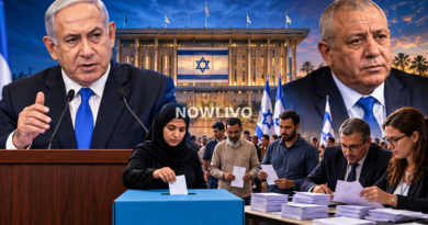 Editorial illustration of Benjamin Netanyahu and rival Gadi Eisenkot near the Knesset, with voters and ballot boxes; illustrative composite, not an election photograph.