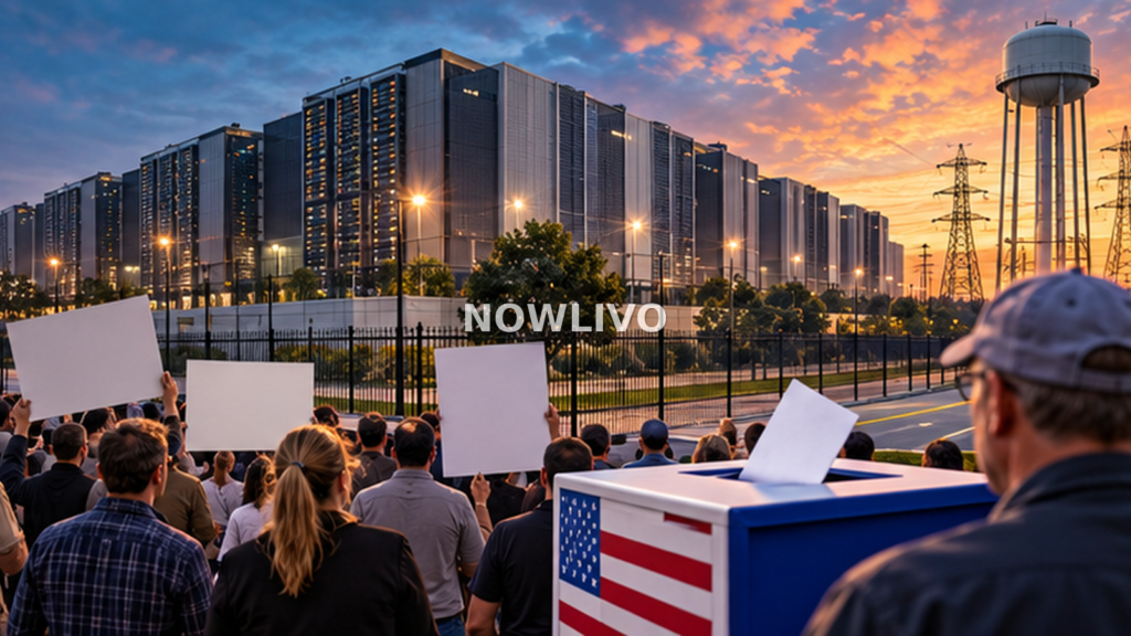 Illustrative scene of a large US data-centre complex, electric pylons and residents holding blank protest placards near a ballot box at sunset.