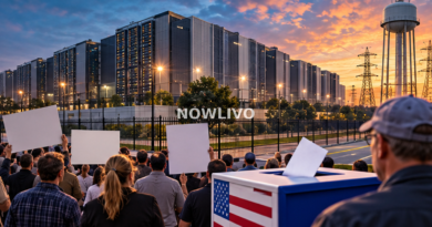 Illustrative scene of a large US data-centre complex, electric pylons and residents holding blank protest placards near a ballot box at sunset.