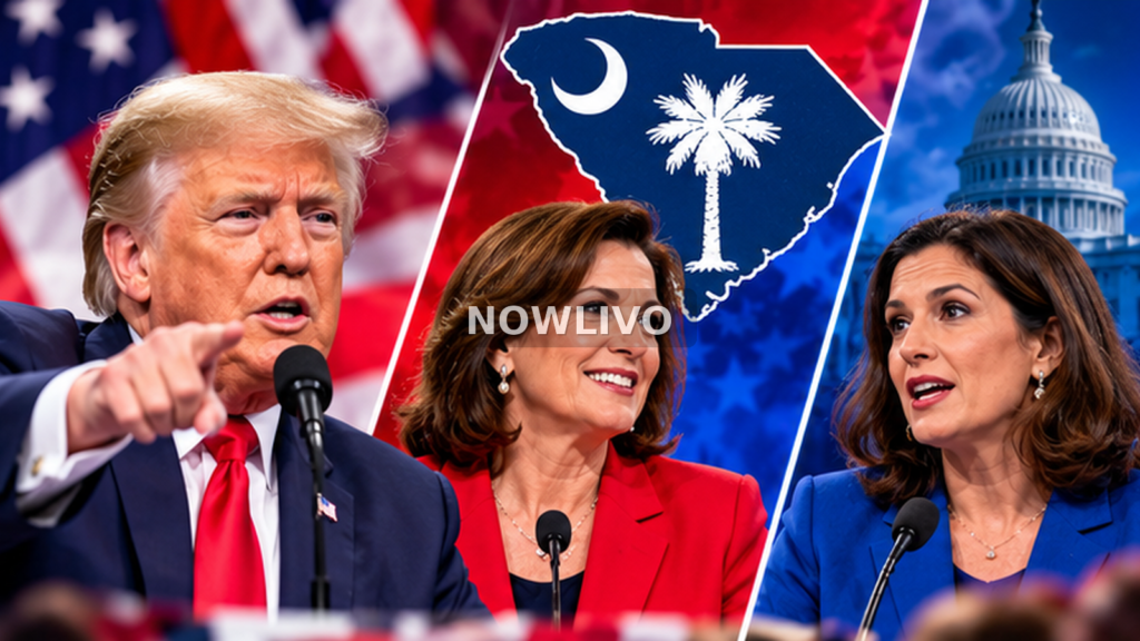 Editorial composite of Donald Trump and two women representing the South Carolina Senate candidates, with state imagery and a US Capitol backdrop; not a photo of a joint event.