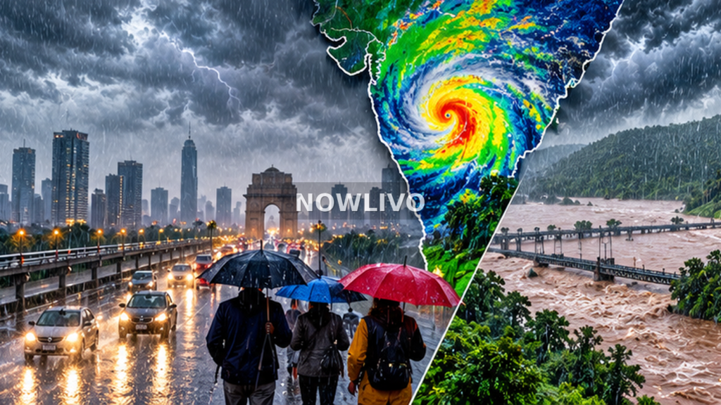 Illustrative composite of severe rain, cyclone clouds and storm-affected roads in India; not a documentary image of casualties or actual damaged infrastructure.