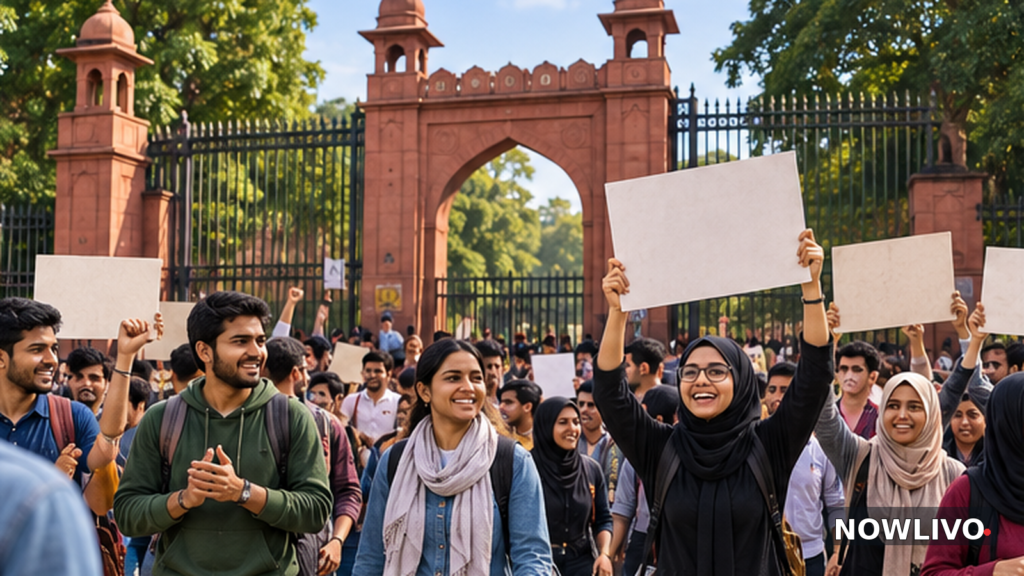 Illustrative editorial scene of students celebrating with blank placards outside a historic university gate; not a photograph of the October 29 agreement.