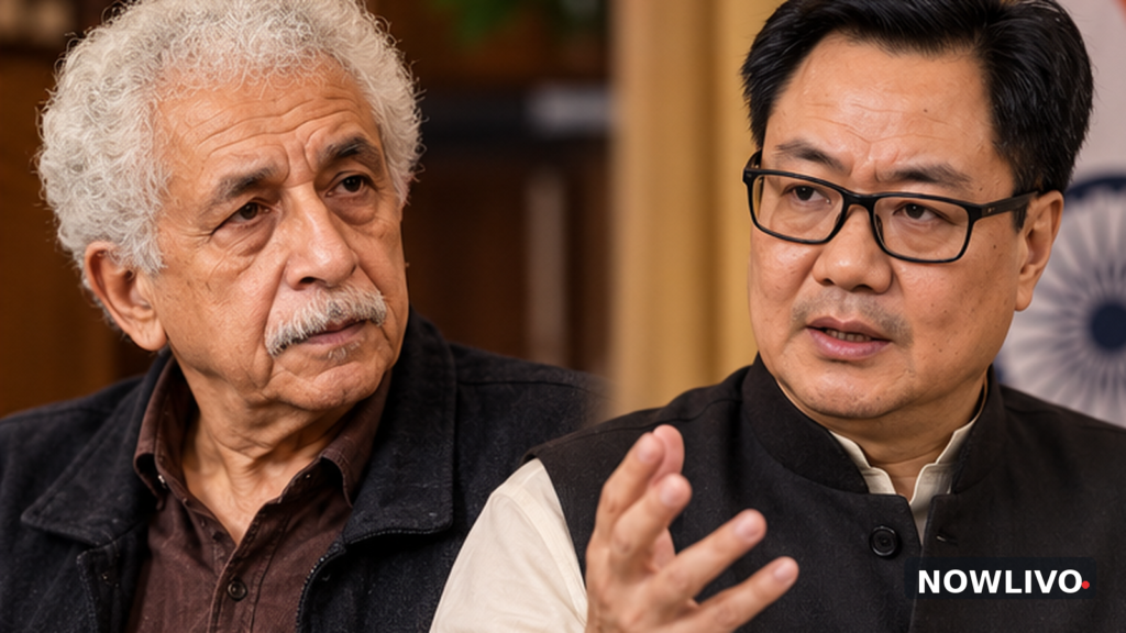 Conceptual split editorial portrait of veteran actor Naseeruddin Shah and minister Kiren Rijiju in a discussion setting; not a photograph of them together.