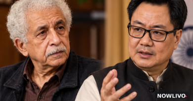 Conceptual split editorial portrait of veteran actor Naseeruddin Shah and minister Kiren Rijiju in a discussion setting; not a photograph of them together.