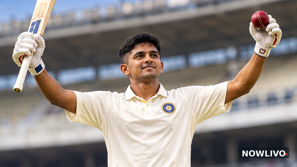 Illustrative editorial scene of young Indian cricketer Musheer Khan raising his bat and a red cricket ball after an all-round Ranji Trophy display.
