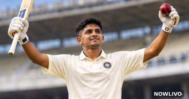 Illustrative editorial scene of young Indian cricketer Musheer Khan raising his bat and a red cricket ball after an all-round Ranji Trophy display.