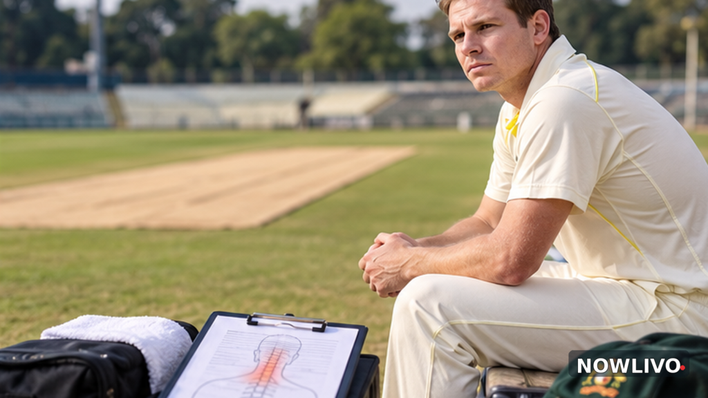 Illustrative scene of Australian Test batter Steve Smith resting beside a cricket ground with training equipment and a neutral medical clipboard; not a photograph of treatment.