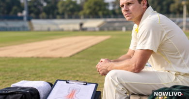 Illustrative scene of Australian Test batter Steve Smith resting beside a cricket ground with training equipment and a neutral medical clipboard; not a photograph of treatment.