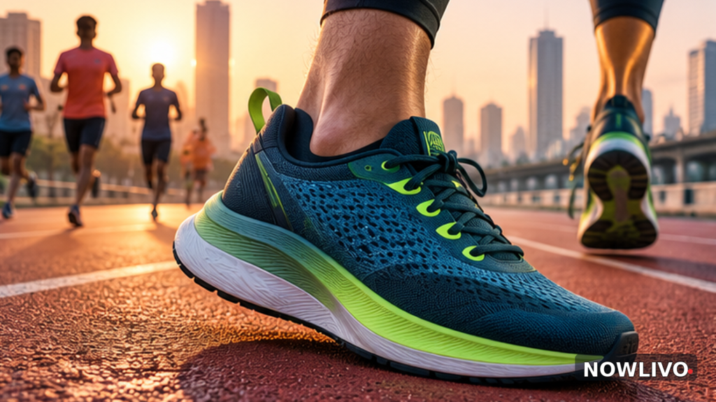Illustrative editorial close-up of a blue-and-green performance running shoe on an Indian city running track at sunrise; not an official product photograph.
