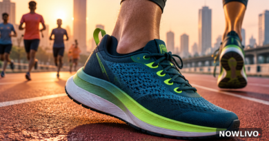 Illustrative editorial close-up of a blue-and-green performance running shoe on an Indian city running track at sunrise; not an official product photograph.