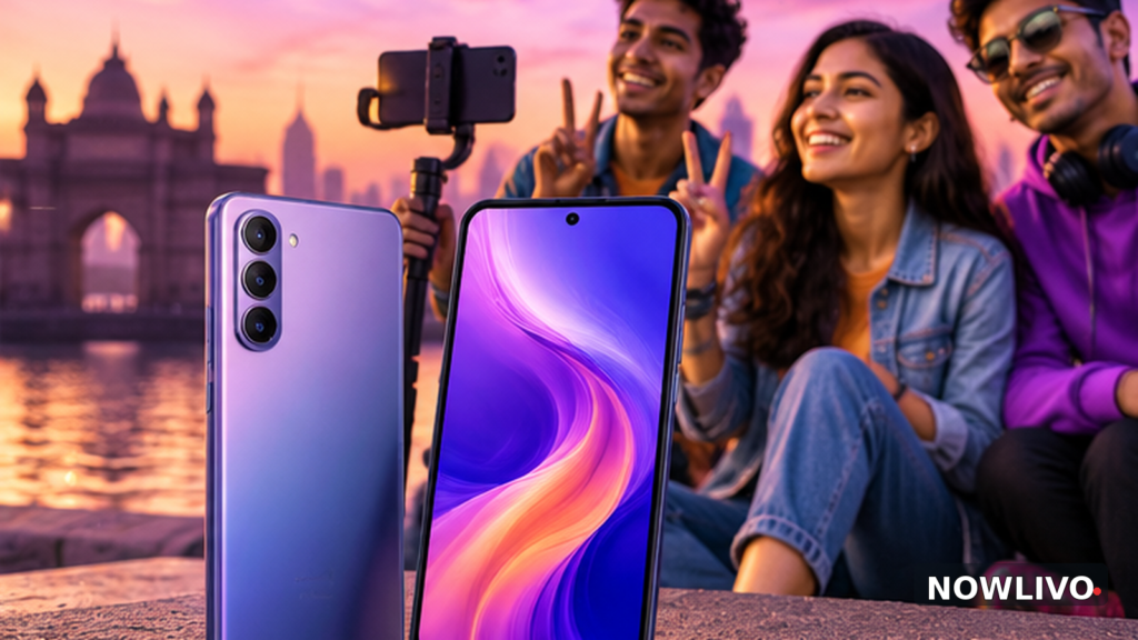 Illustrative editorial image of modern affordable smartphones with young Indian content creators at an urban waterfront; no claim to depict an actual Karbonn model.