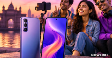 Illustrative editorial image of modern affordable smartphones with young Indian content creators at an urban waterfront; no claim to depict an actual Karbonn model.