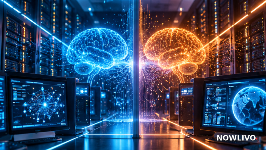 Conceptual editorial illustration of two competing AI neural networks in a data centre; not a depiction of actual training records or wrongdoing.