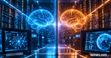 Conceptual editorial illustration of two competing AI neural networks in a data centre; not a depiction of actual training records or wrongdoing.