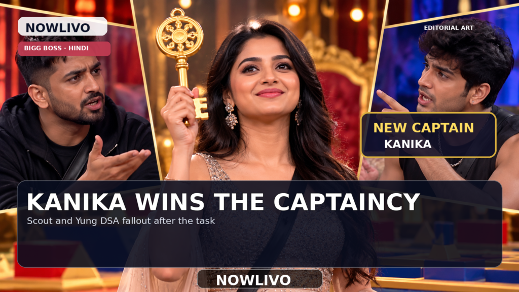 Original conceptual editorial collage of a female reality-show contestant with a symbolic gold captaincy key and two arguing male contestants on a fictional stage; not a broadcast still.