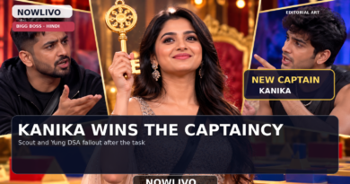 Original conceptual editorial collage of a female reality-show contestant with a symbolic gold captaincy key and two arguing male contestants on a fictional stage; not a broadcast still.