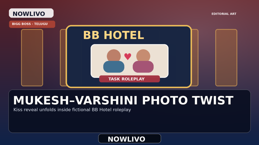 Original conceptual editorial graphic of a BB Hotel set and illustrated photo card with two simplified figures and a heart, labeled TASK ROLEPLAY; not an actual kiss photograph.