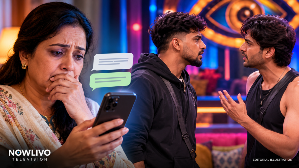 Conceptual NOWLIVO editorial illustration of a concerned mother checking a phone and two adult male reality-show contestants facing off; not an actual family photograph or episode still.