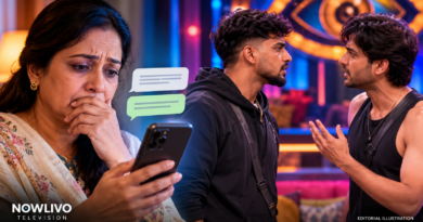 Conceptual NOWLIVO editorial illustration of a concerned mother checking a phone and two adult male reality-show contestants facing off; not an actual family photograph or episode still.