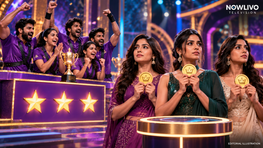 NOWLIVO editorial illustration of a purple-clad team celebrating a three-star task win beside three women holding symbolic captaincy medallions; not actual Bigg Boss footage.