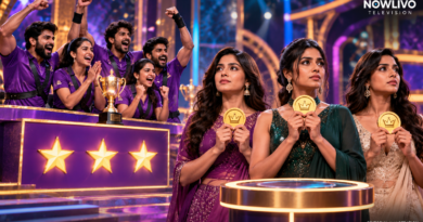 NOWLIVO editorial illustration of a purple-clad team celebrating a three-star task win beside three women holding symbolic captaincy medallions; not actual Bigg Boss footage.