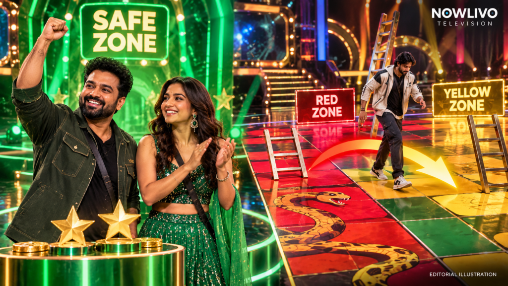 Original NOWLIVO editorial illustration of two contestants celebrating in a green safe zone and another moving past red toward yellow on a snakes-and-ladders game board; not actual episode footage.