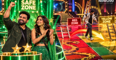 Original NOWLIVO editorial illustration of two contestants celebrating in a green safe zone and another moving past red toward yellow on a snakes-and-ladders game board; not actual episode footage.